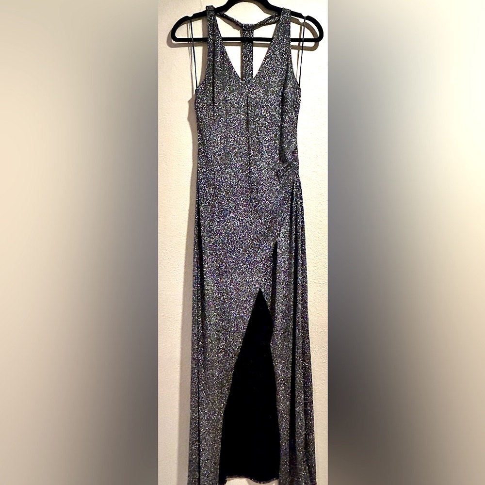 Silver Sparkly Glitter Bodycon High Slit Formal Dress NWT